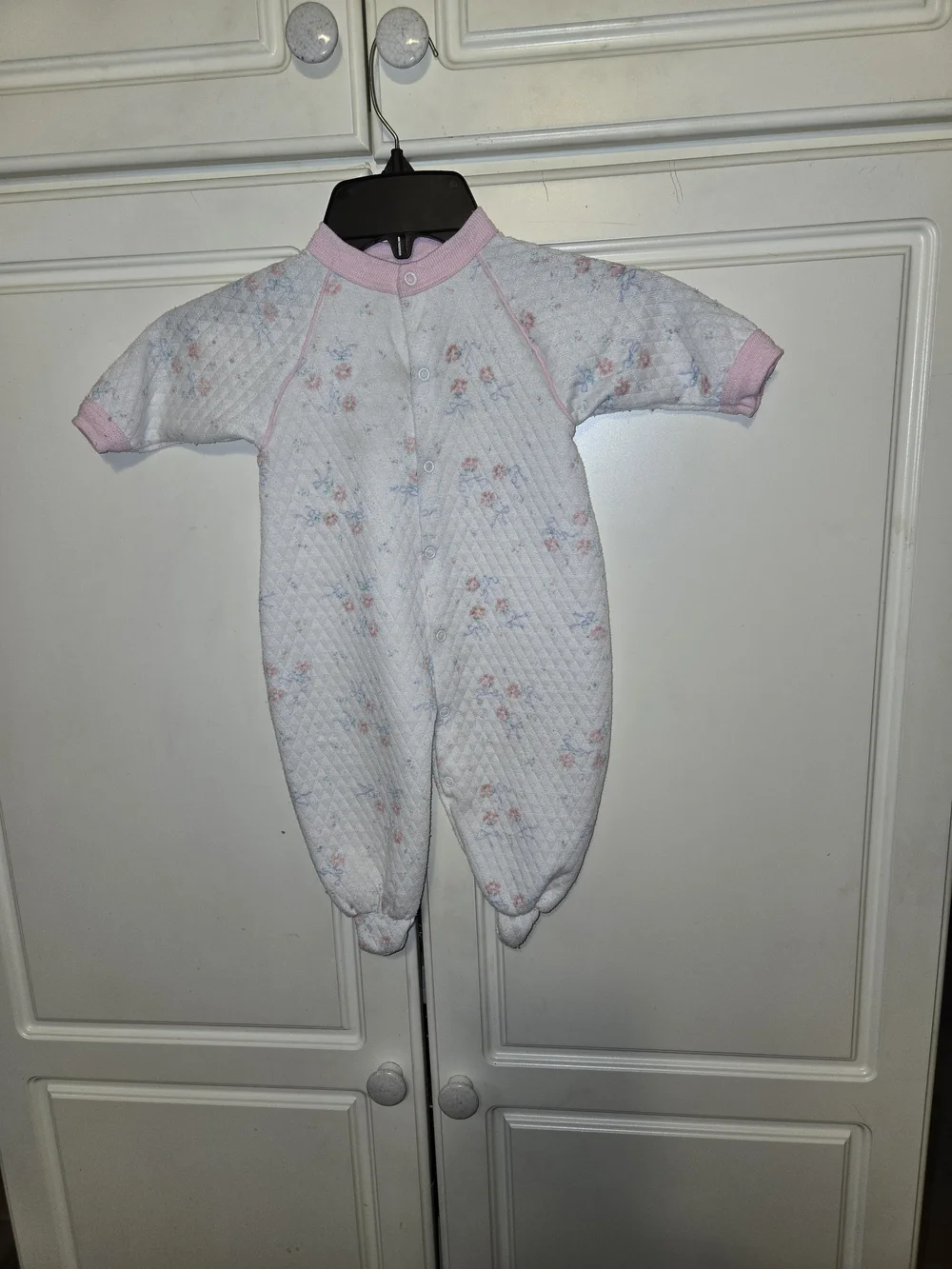 Quilted Floral Footed One-Piece with Pink Trim